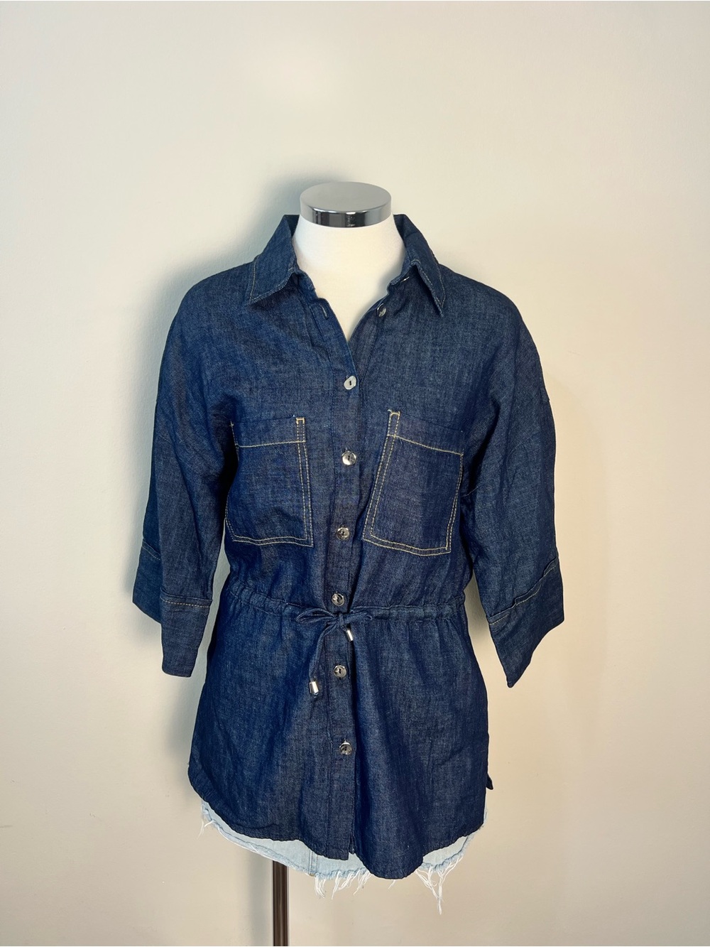 Zara Denim Button Front Blouse Drawstring Waist Cotton Linen Blend Size S NWT - Picture 2 of 10